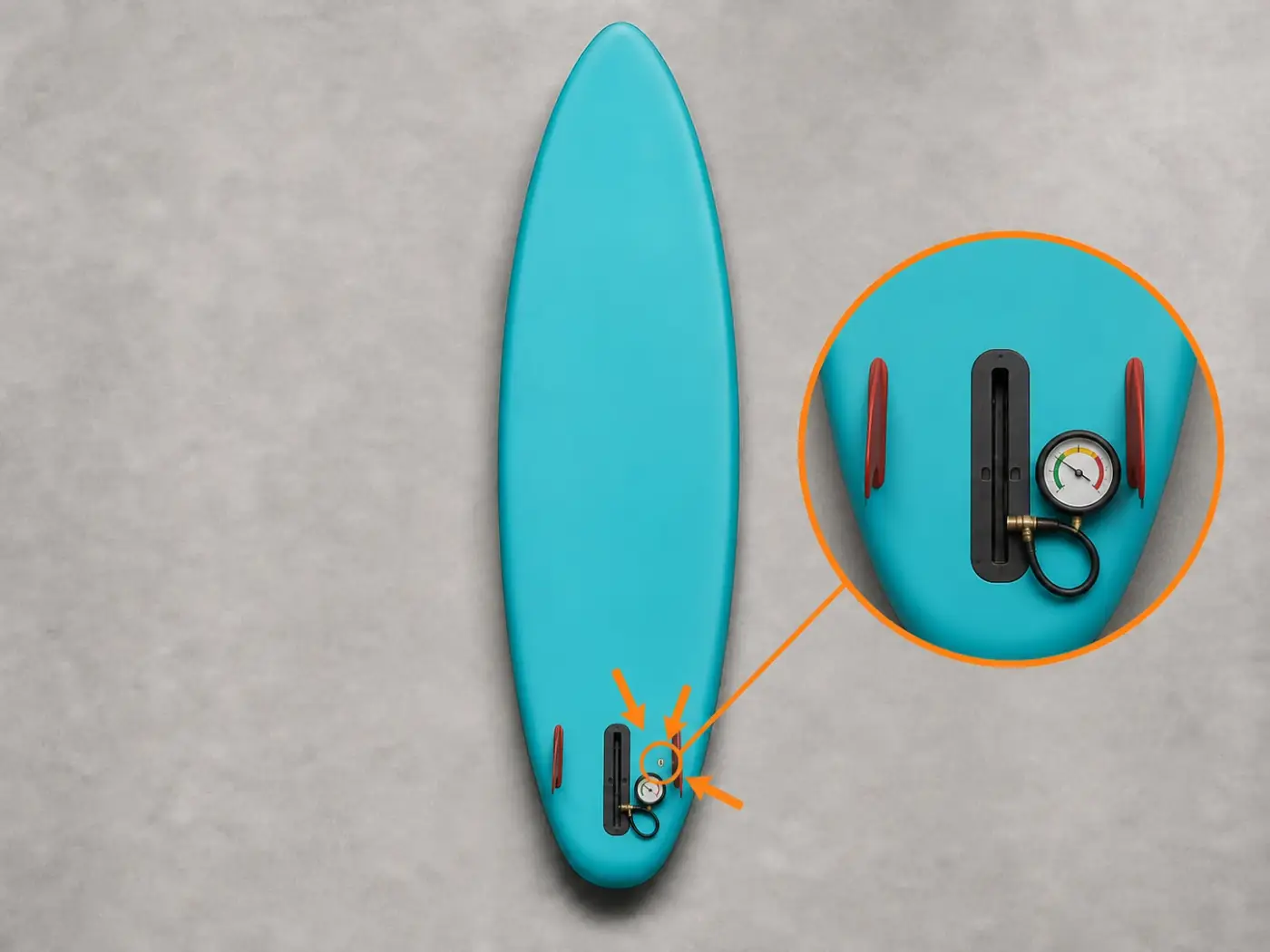 Manometer neben einem beschädigten Finnenkasten auf einem gesicherten, stabilen SUP
