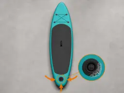 Des mains gantées contrôlent à l’eau savonneuse la valve d’un SUP turquoise