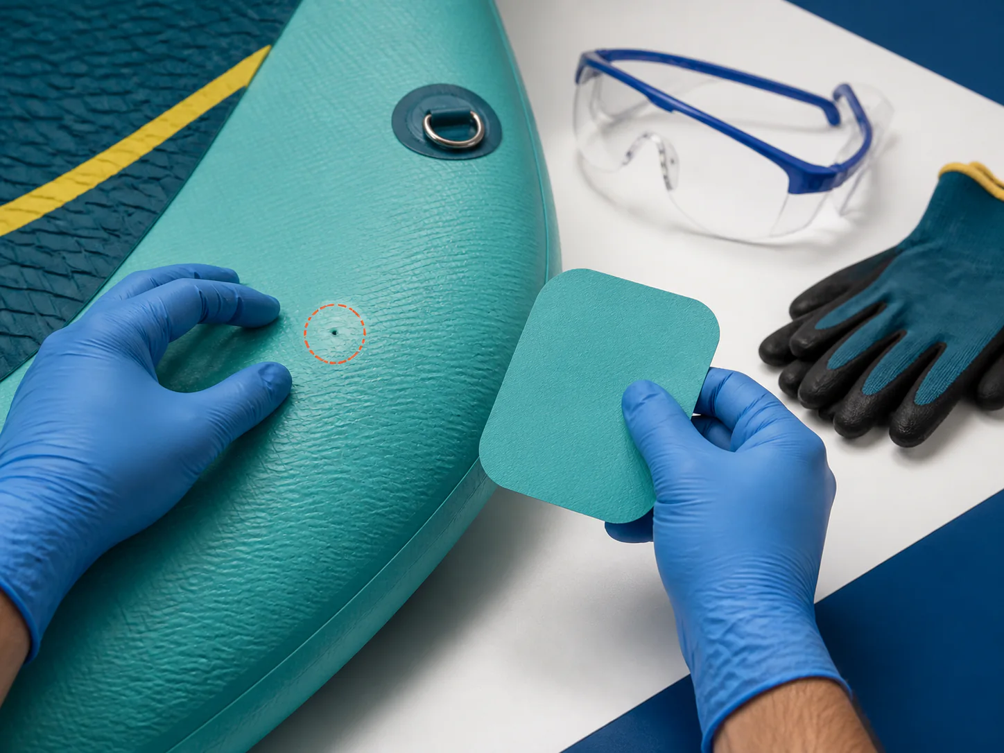 A gloved technician checking a small puncture in a PVC SUP
