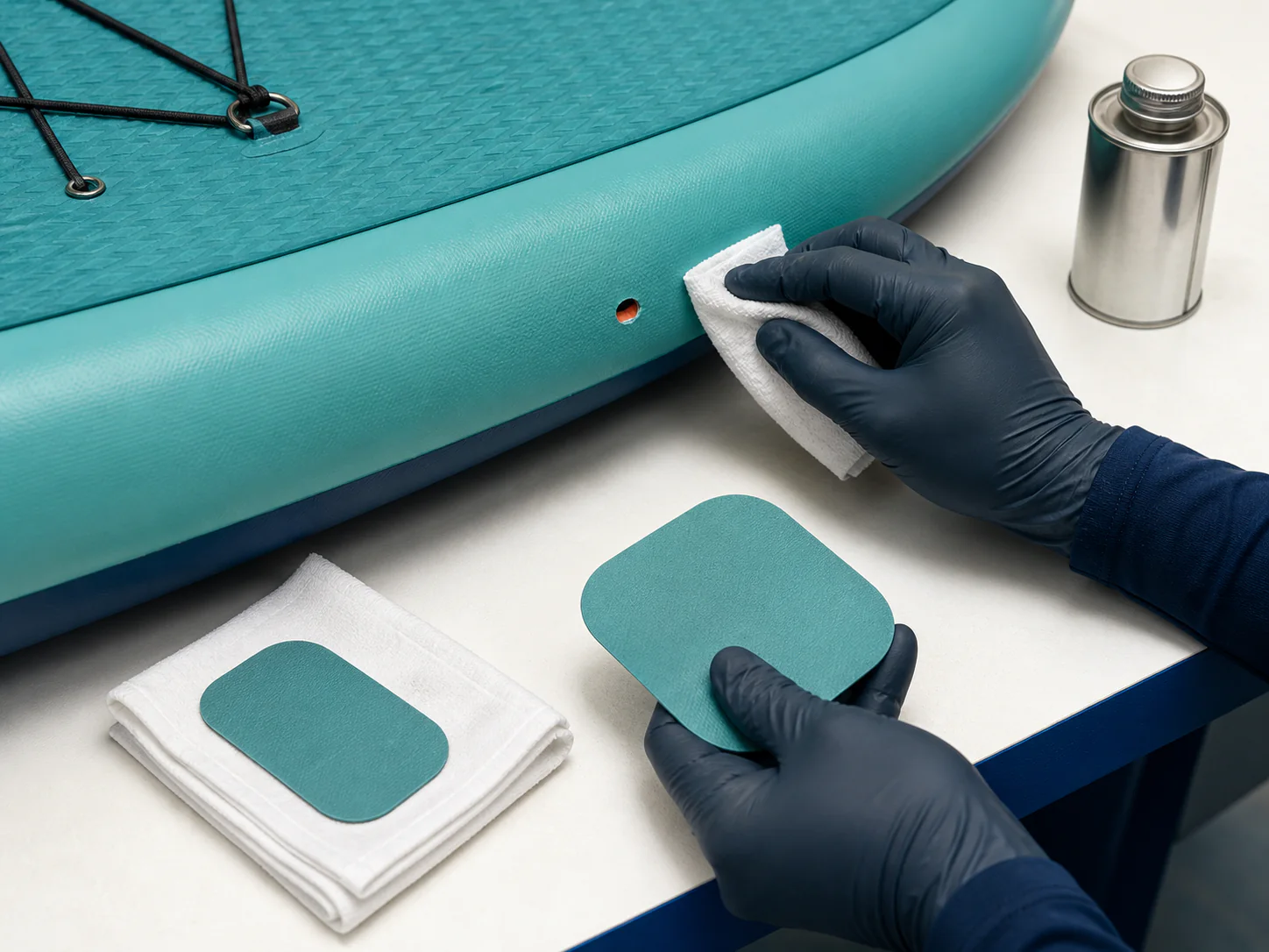 Rounded PVC patch and both surfaces being cleaned with a cloth