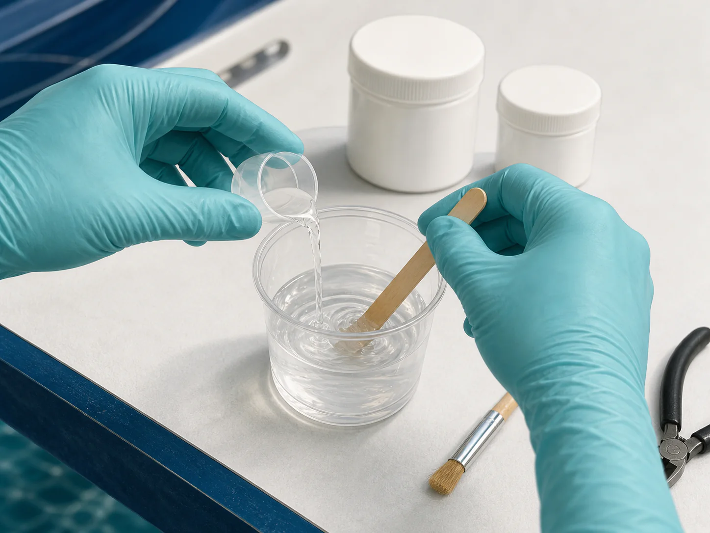 Measured adhesive and catalyst mixed in a cup with a short brush