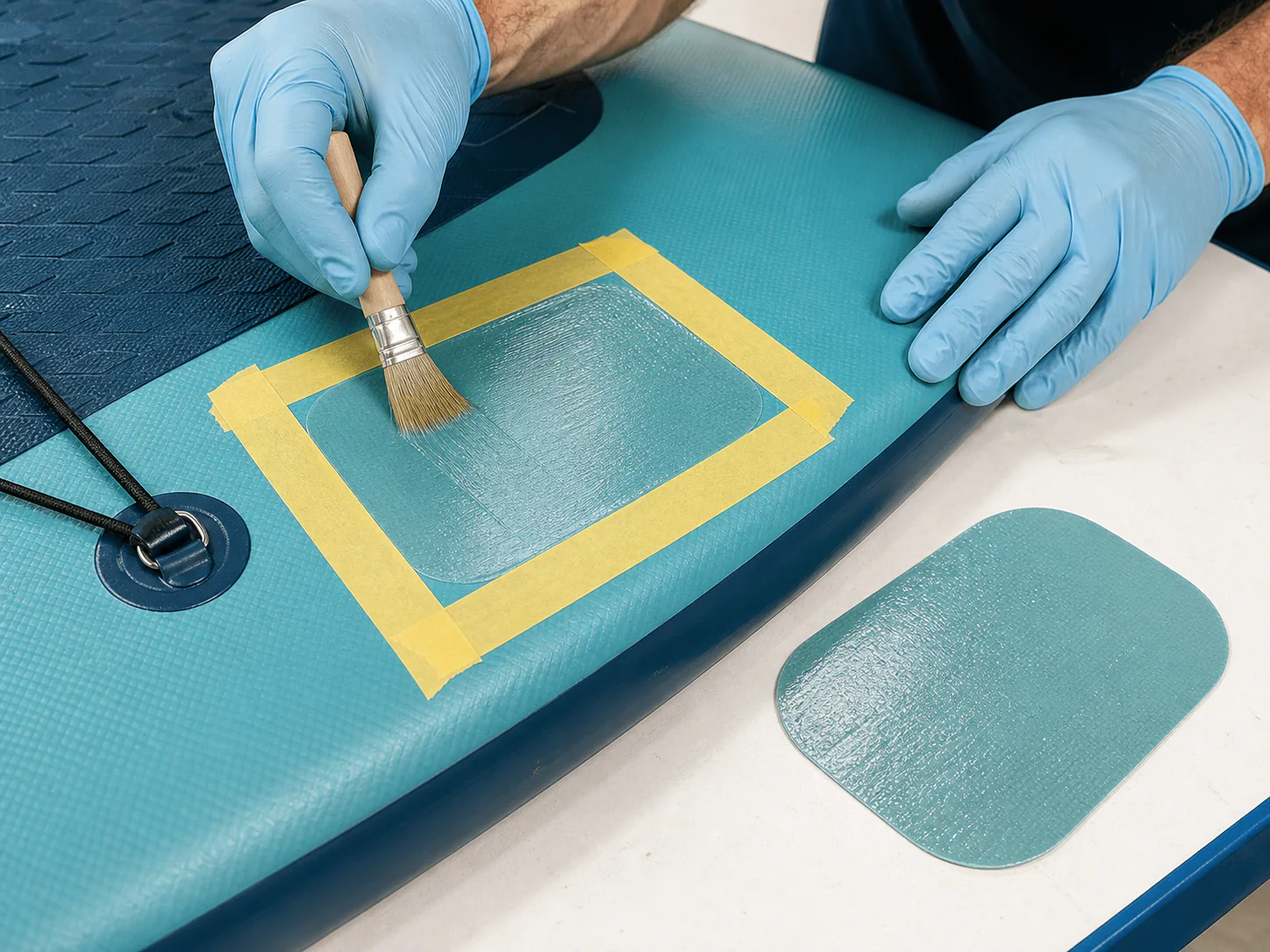 First very thin adhesive coat applied to both the patch and SUP