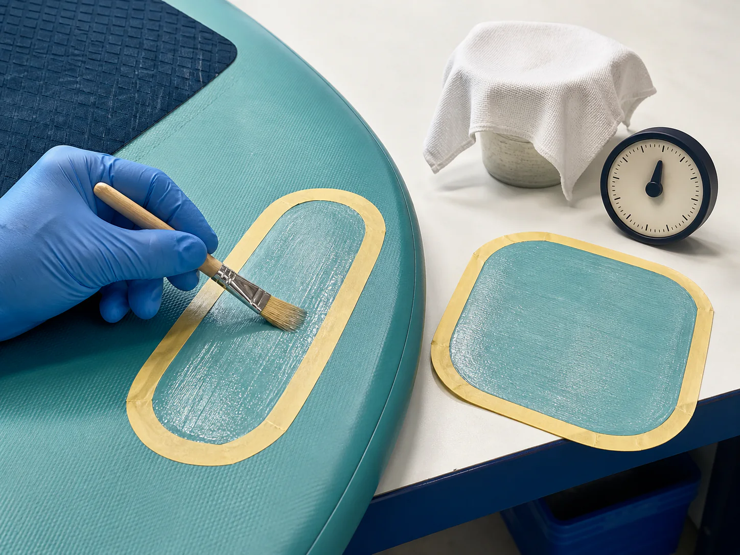 Second thin adhesive coat with the container covered on the bench
