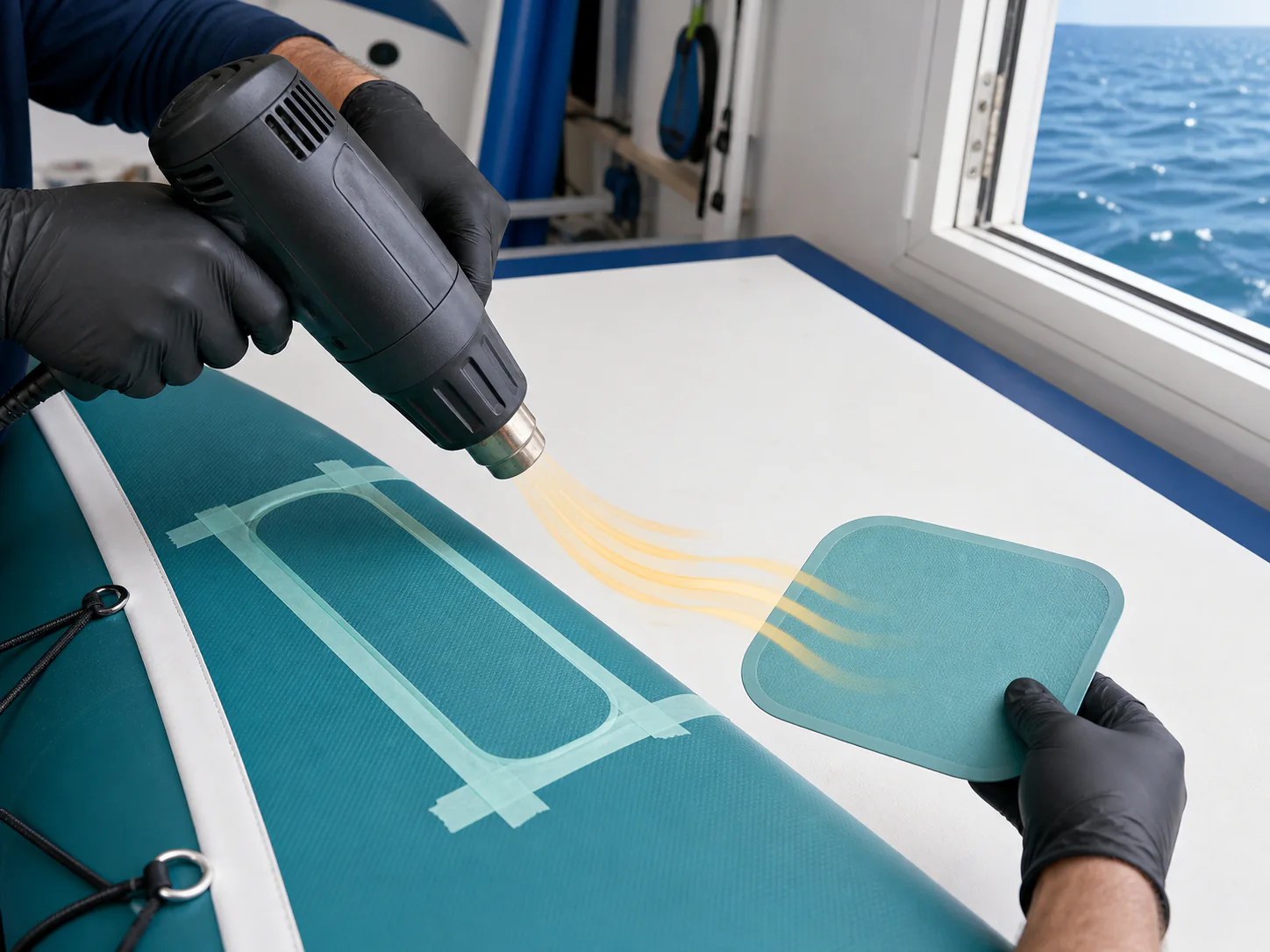 Dry adhesive films reactivated with a heat gun at a distance in a ventilated space